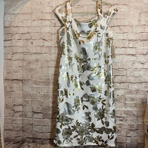 Boston Proper Dress Womens 14 Midi Silver & Gold Floral Shimmer Cold Shoulder - Picture 1 of 16